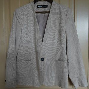 Zara No collar one button Linen Blazer Tan Size 10